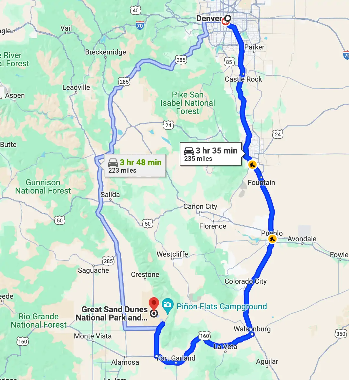 The map is showing that there are two ways to get to Great Sand Dunes National Park from Denver.
